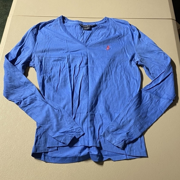 RALPH LAUREN SPORT Blue Long Sleeve Women’s Small S V-Neck Y2K Shirt 100% Cotton - Picture 1 of 4